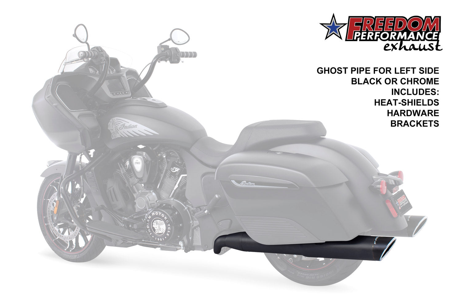 INDIAN CHIEFTAIN / ROADMASTER / SPRINGFIELD / CHALLENGER/ PURSUIT / ELITE W/ HARD BAGS 2-INTO-1 "LEFT-SIDE ONLY" GHOST PIPE 2014-PRESENT (SPECIAL ORDER)