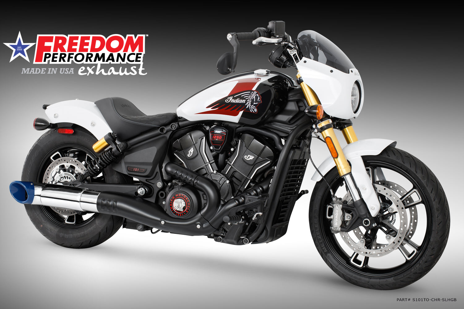 (SPECIAL ORDER) INDIAN 2025 SCOUT 101-CLASSIC-SUPER-SPORT-BOBBER 4.5" 2-STEP TURN-OUT SLIP-ON (2025 SCOUTS ONLY)